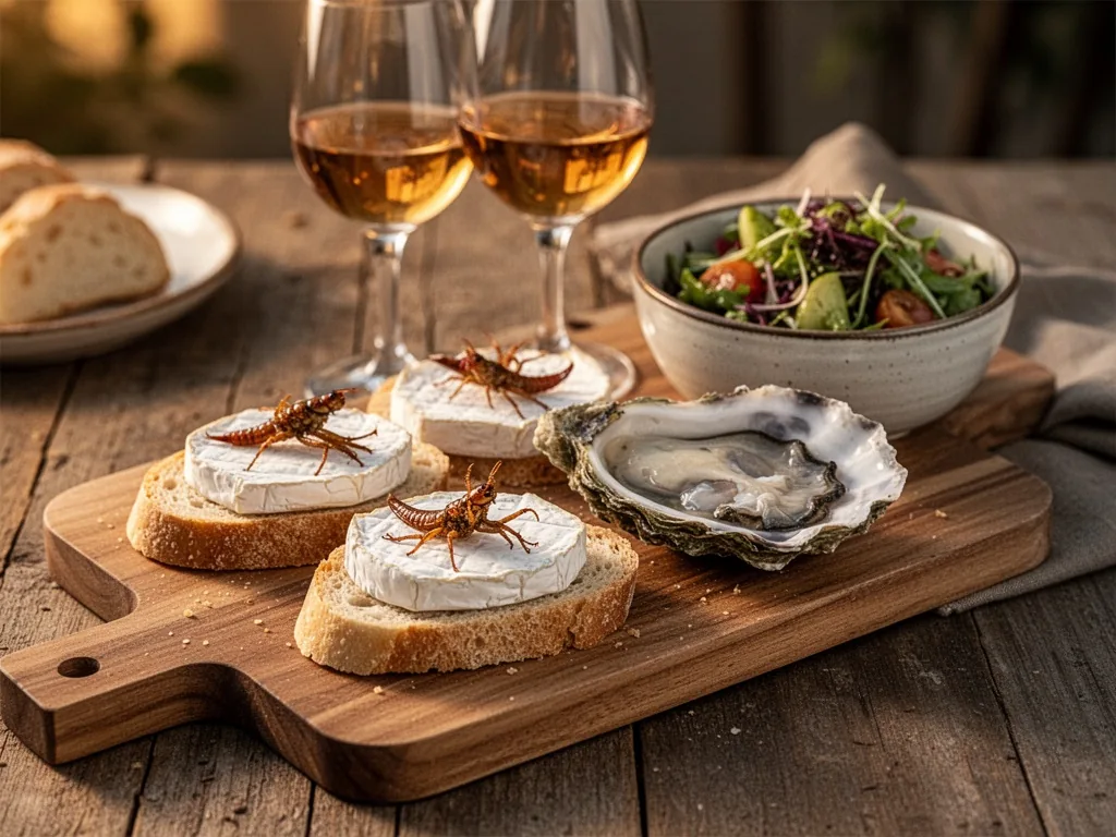 A wooden serving board with slices of grillon charentais on toast, a fresh oyster in its shell, a glass of pineau, and a
