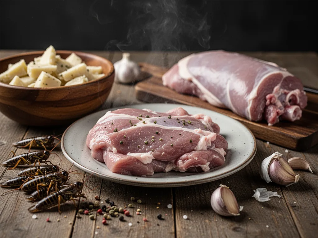 Bocal de grillon de porc charentais, viande effilochée et dorée, sur une planche en bois avec pain de campagne et cornichons