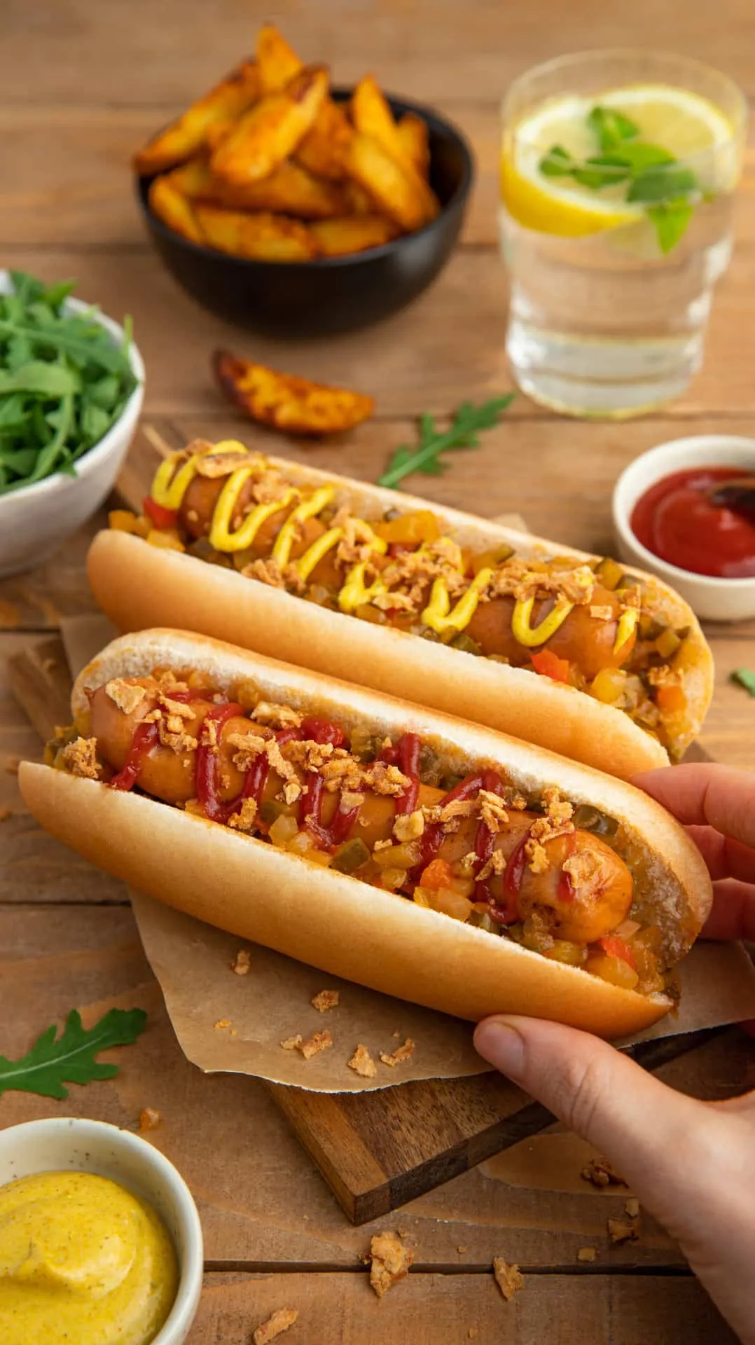 Un hot-dog posé sur une planche en bois, pain doré, saucisse grillée, oignons caramélisés et sauce crémeuse en filet