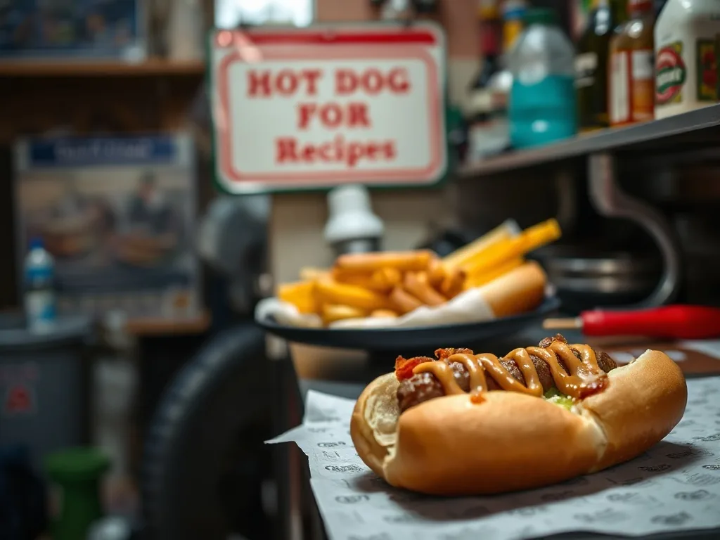 Hot dog maison garni de moutarde, oignons frits et sauce chili, pain brioché légèrement toasté