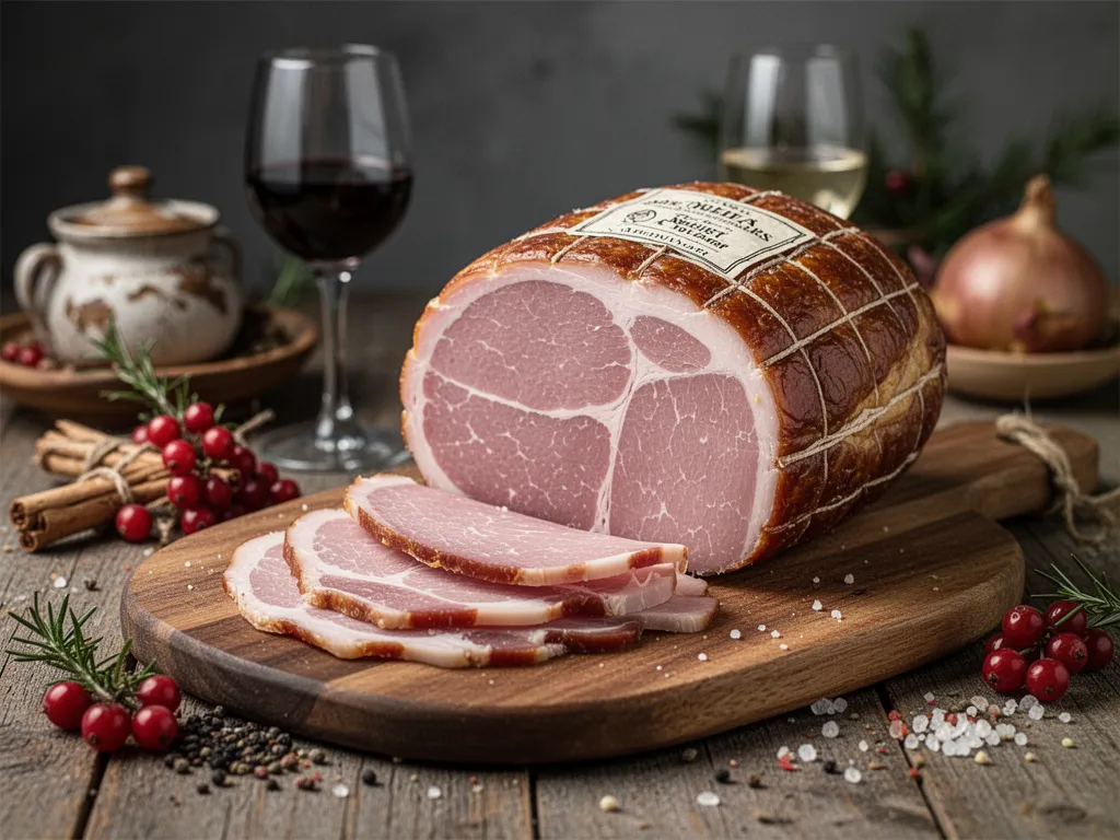 Grand plat de jambon de Noël tranché avec légumes rôtis, purée et quartiers d’ananas sur une table de fête