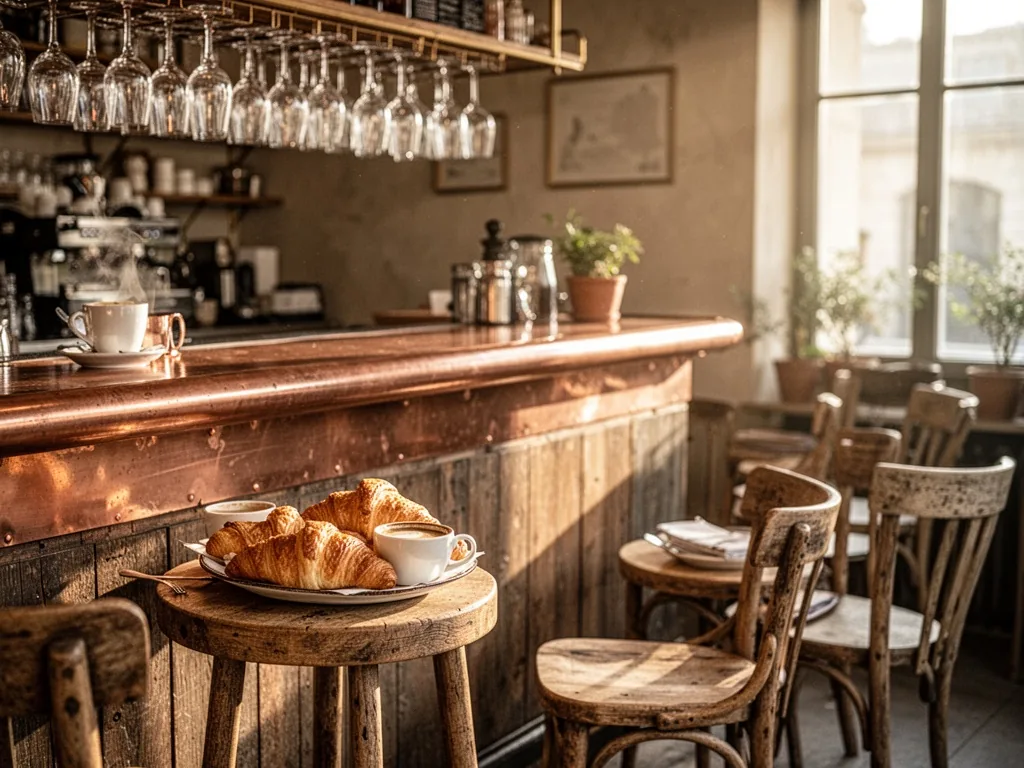 A copper-topped bar with hanging glassware, a plate of fresh croissants and coffee, soft morning sunlight streaming thro