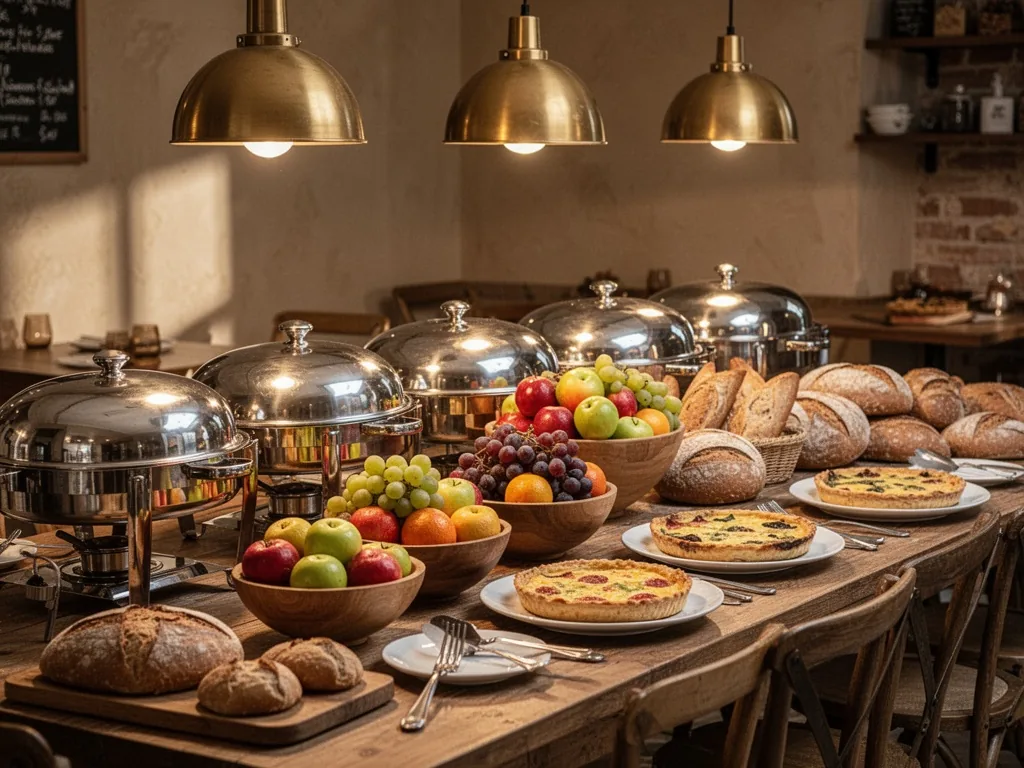An extensive buffet table with silver chafing dishes, bowls of fresh fruit, artisan breads, and quiches, arranged under 