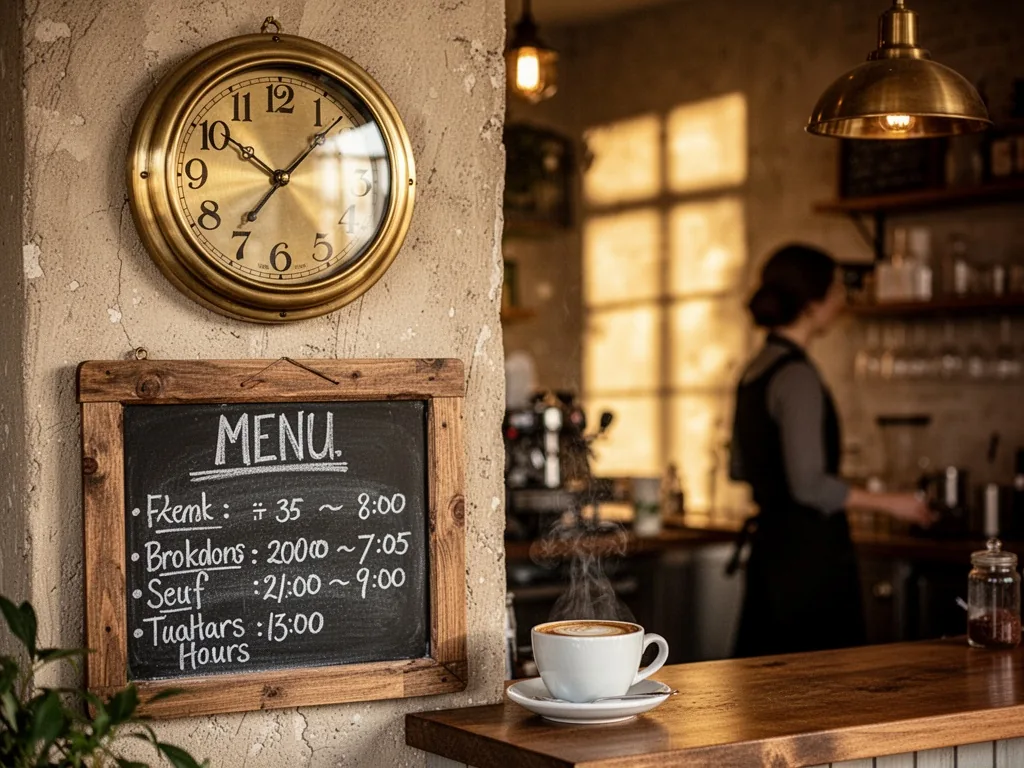 A brass wall clock showing 10:30, a wooden menu board with chalk-written hours, a cup of coffee on the counter, a blurre
