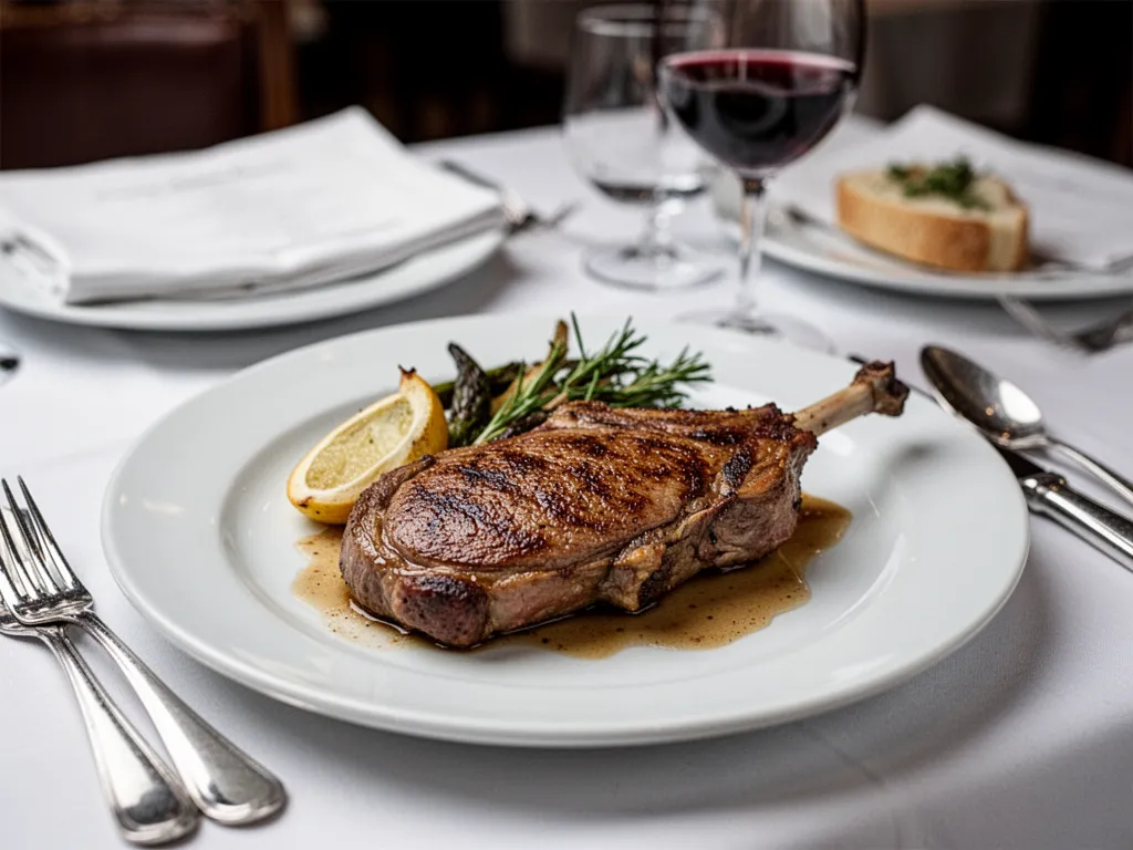 Magret de canard tranché servi avec légumes rôtis et sauce dans une assiette élégante