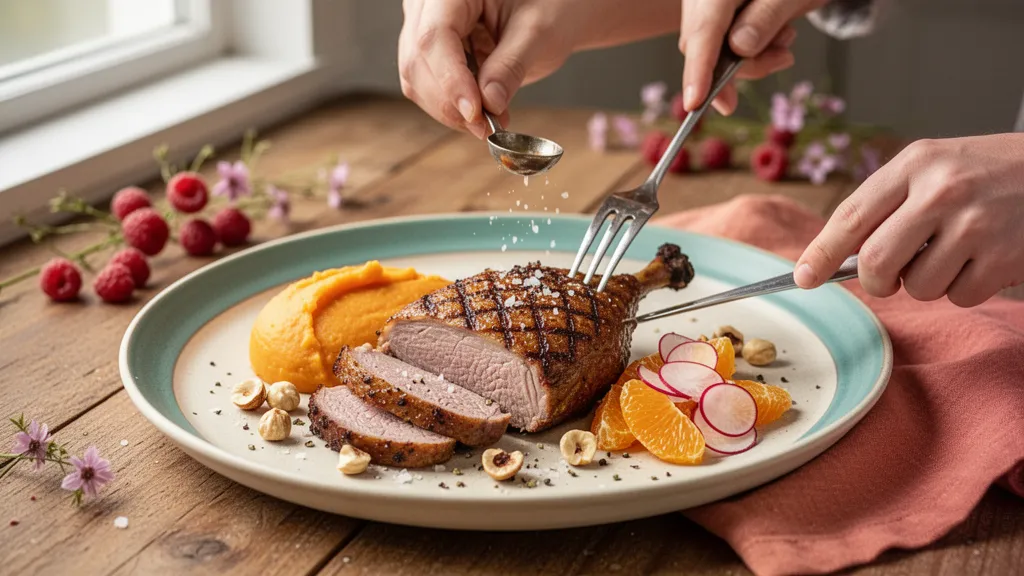 Magret de canard tranché, peau dorée, garni de légumes rôtis aux couleurs d'automne