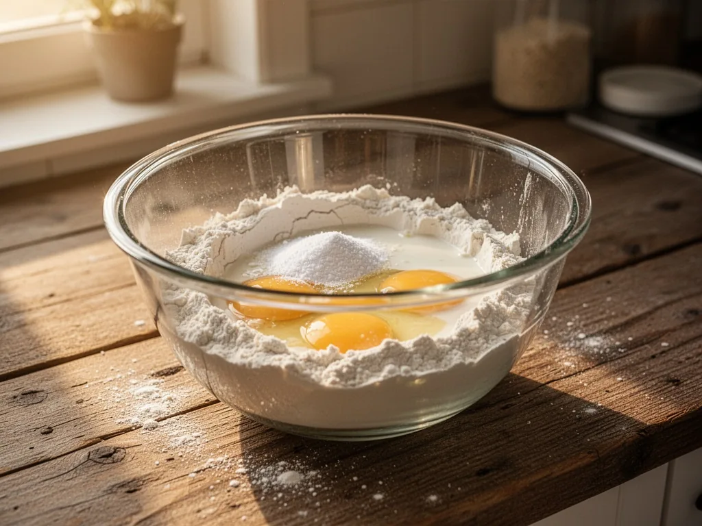 A glass mixing bowl filled with flour, baking powder, eggs, and milk on a rustic wooden counter, soft golden morning lig