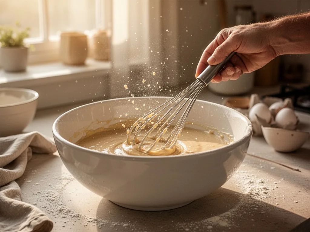A hand whisking pancake batter in a white ceramic bowl, small splashes and flour dust suspended in soft morning sunlight