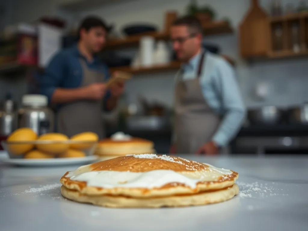 Une pile de pancakes dorés sur une assiette, nappés de sirop d'érable, avec quelques myrtilles autour