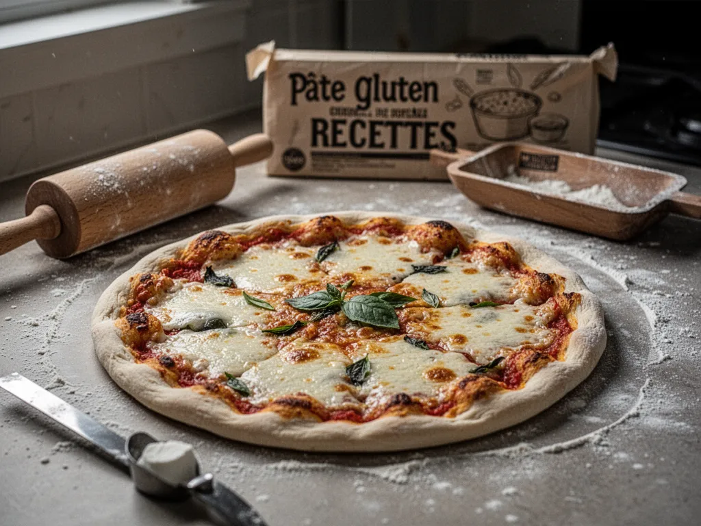 Deux pizzas sans gluten sur une plaque de four, pâte dorée, sauce tomate, mozzarella et basilic frais
