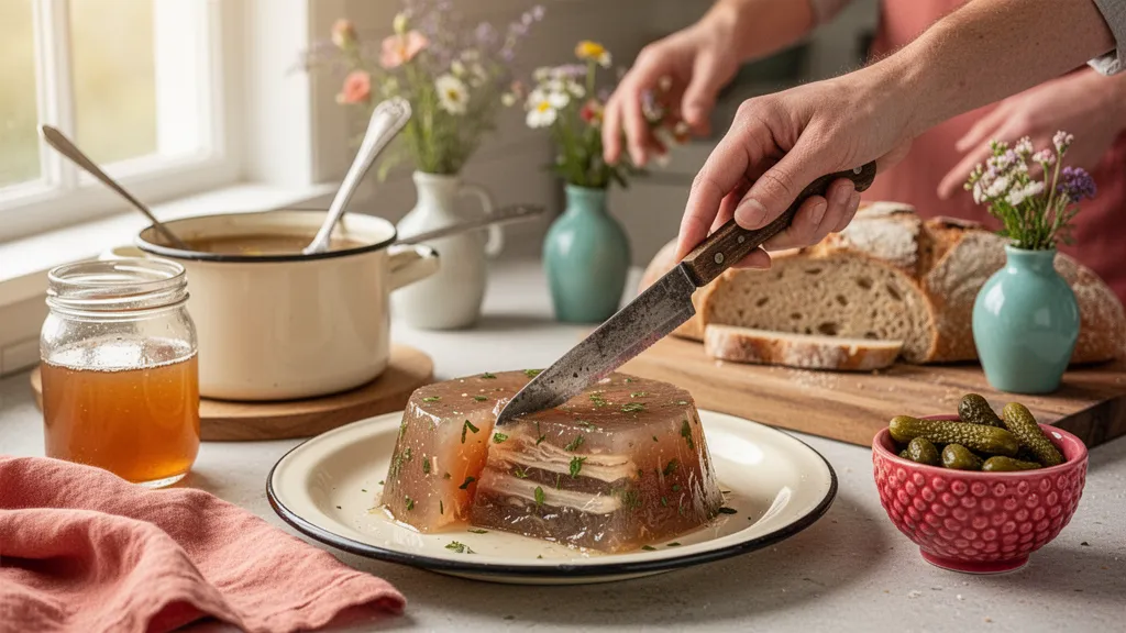 Cocotte ouverte contenant un pied de veau confit dans un bouillon translucide, garniture d'herbes