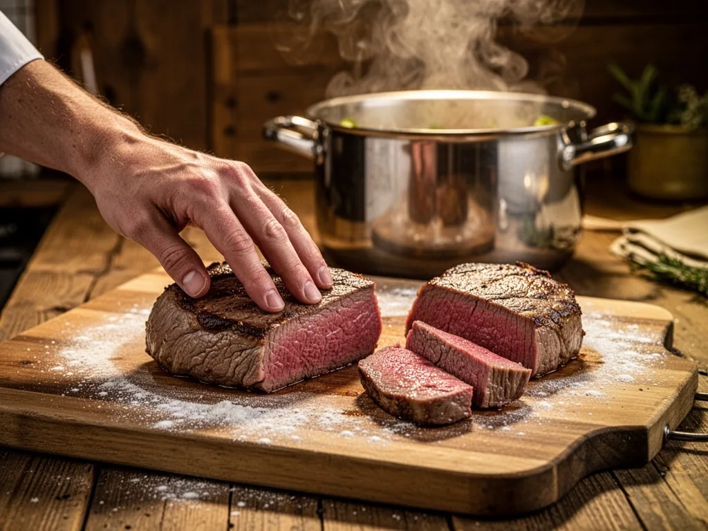 Three beef chunks on a floured cutting board, a chef's hand pressing gently on one, two others sliced, steam rising from
