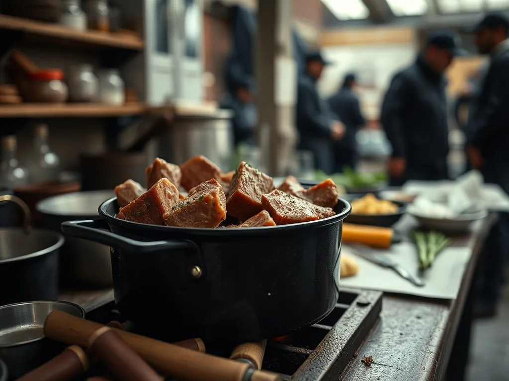Différents morceaux de bœuf crus pour pot-au-feu sur une planche en bois, carottes et aromates autour