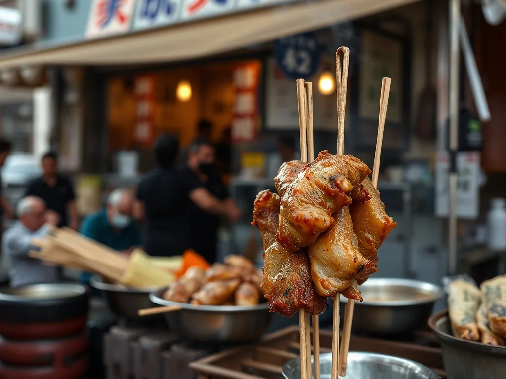 Brochettes de poulet yakitori grillées, badigeonnées de sauce brillante, sur une planche en bois avec des ciboules