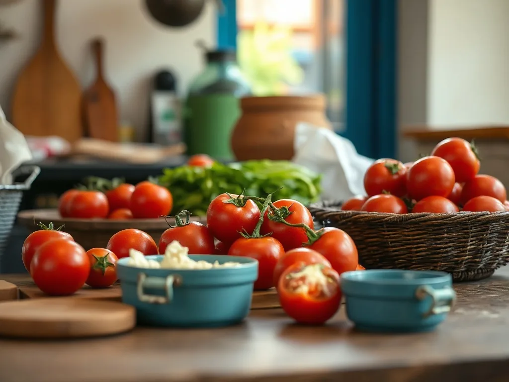 Bocaux de pulpe de tomate rouge vif posés sur un torchon à côté de tomates fraîches, de gousses d'ail et d'une branche de basilic
