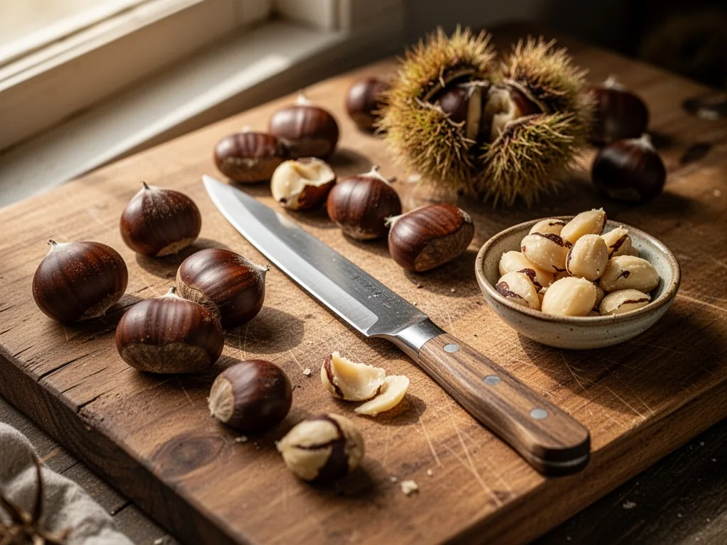 A wooden cutting board scattered with fresh chestnuts, a sharp paring knife, and a small bowl of peeled nuts, soft side