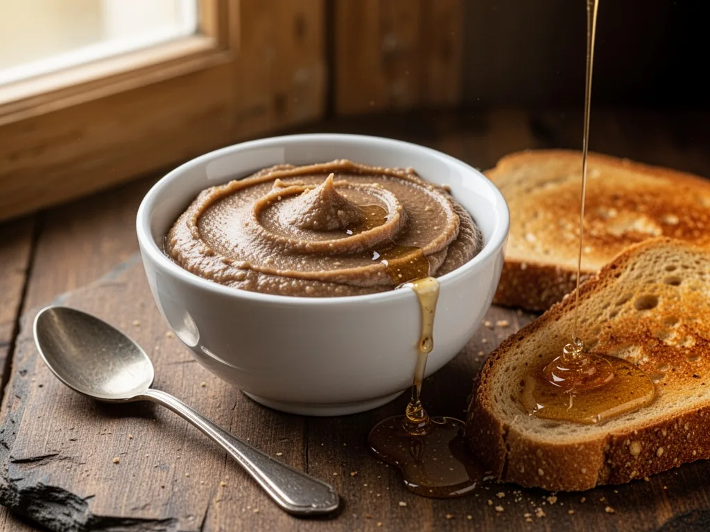 A white ceramic bowl filled with smooth chestnut puree, a spoon beside it, a slice of toasted bread and a drizzle of hon