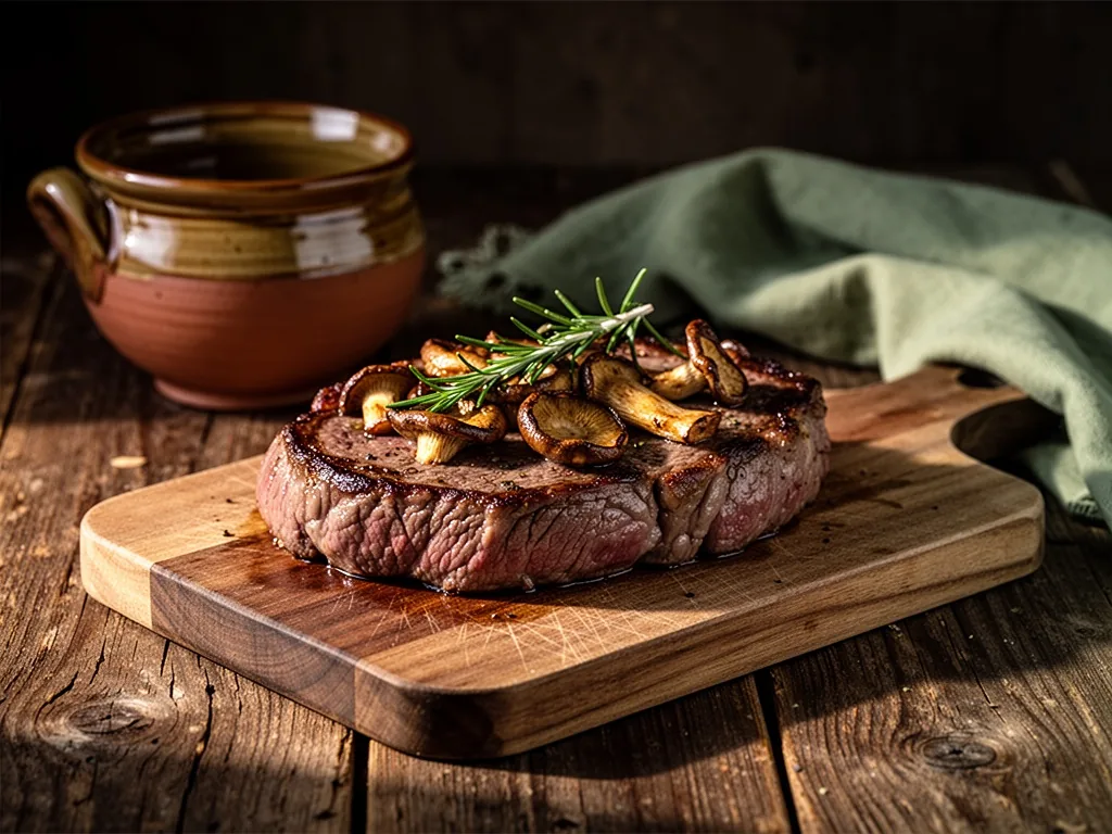 A thick beef steak with seared cèpes and rosemary, resting on a wooden cutting board, dim kitchen light with dark shadow