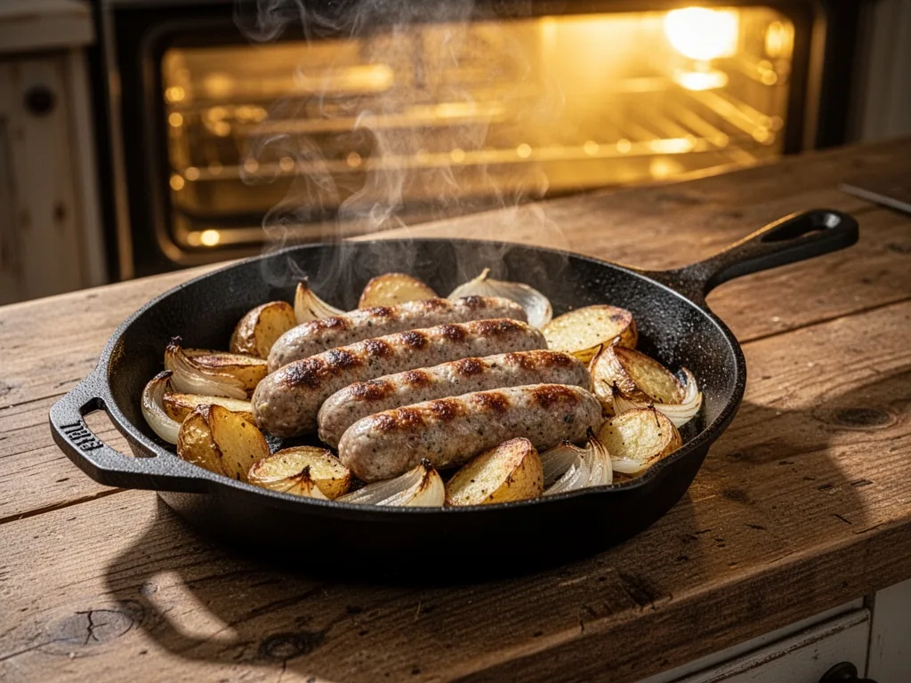 A cast iron skillet filled with thick sausages and roasted potatoes and onions, steam rising, placed on a wooden counter