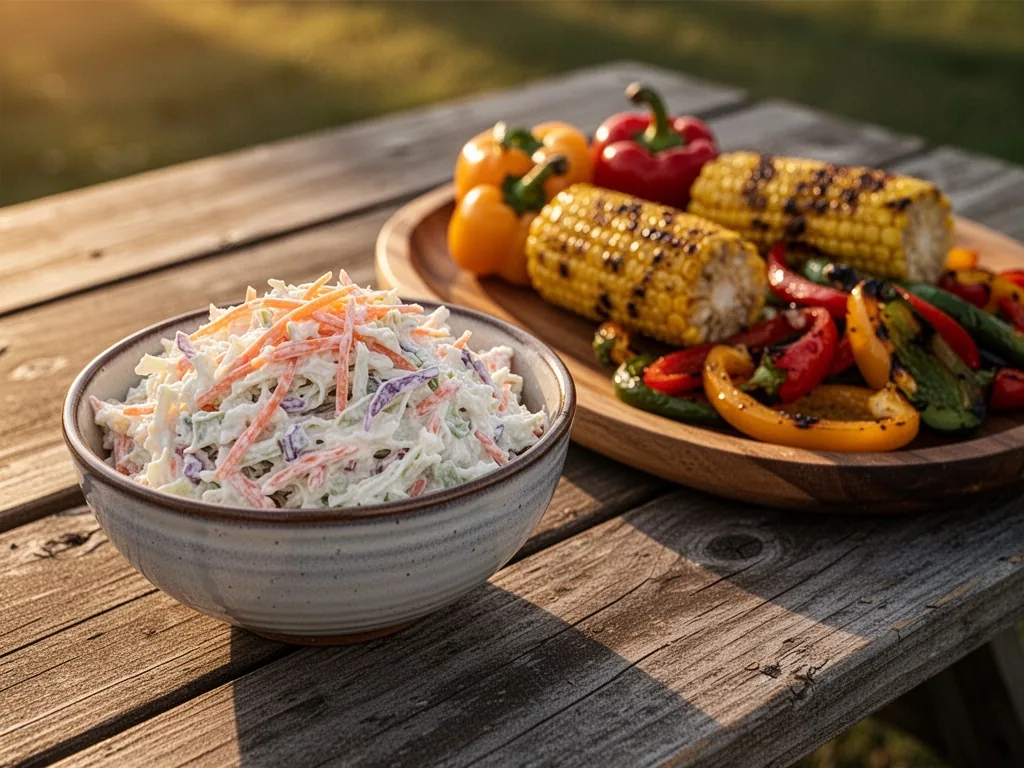 A ceramic bowl of creamy coleslaw with shredded carrots, next to a wooden platter of grilled corn and bell peppers, on a