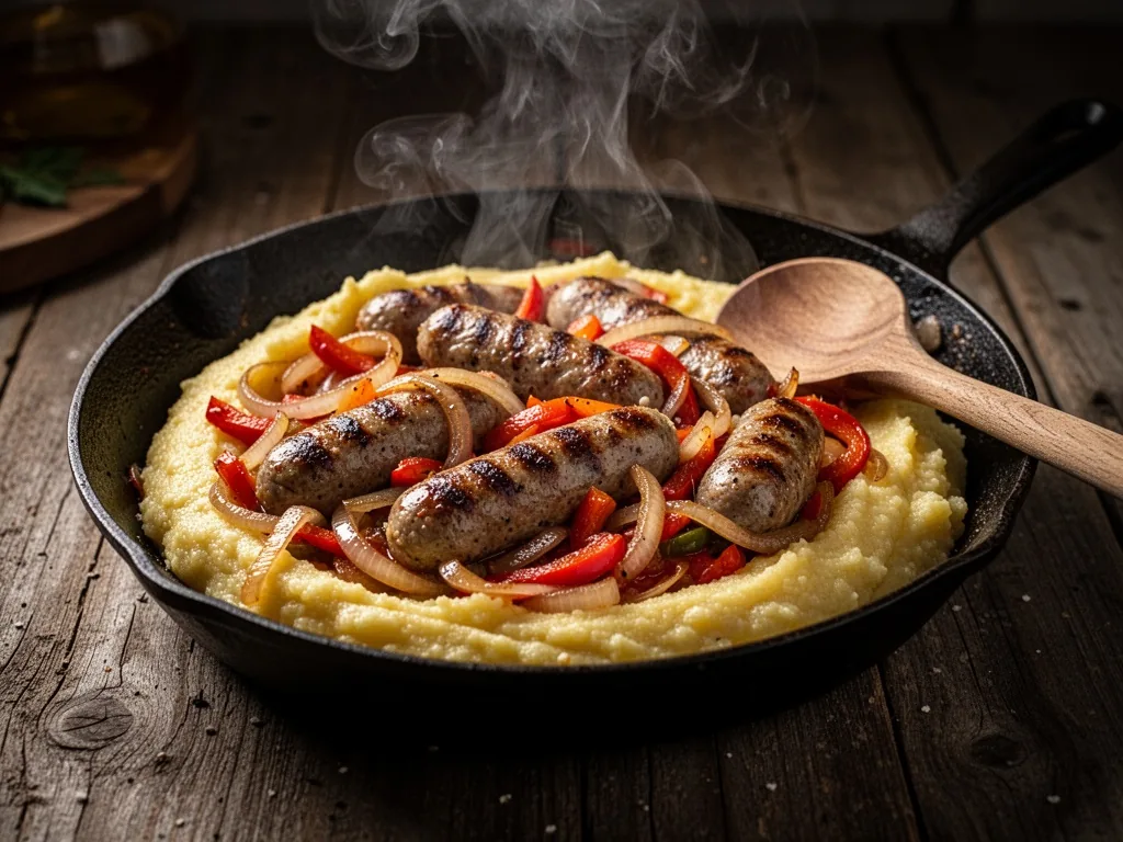 Sliced grilled sausages mixed with sautéed peppers and onions in a skillet, served over creamy polenta, steam rising, wo