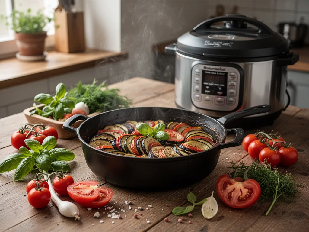 Bol de ratatouille au Cookeo avec courgettes, aubergines, poivrons et tomates, posé sur une table en bois