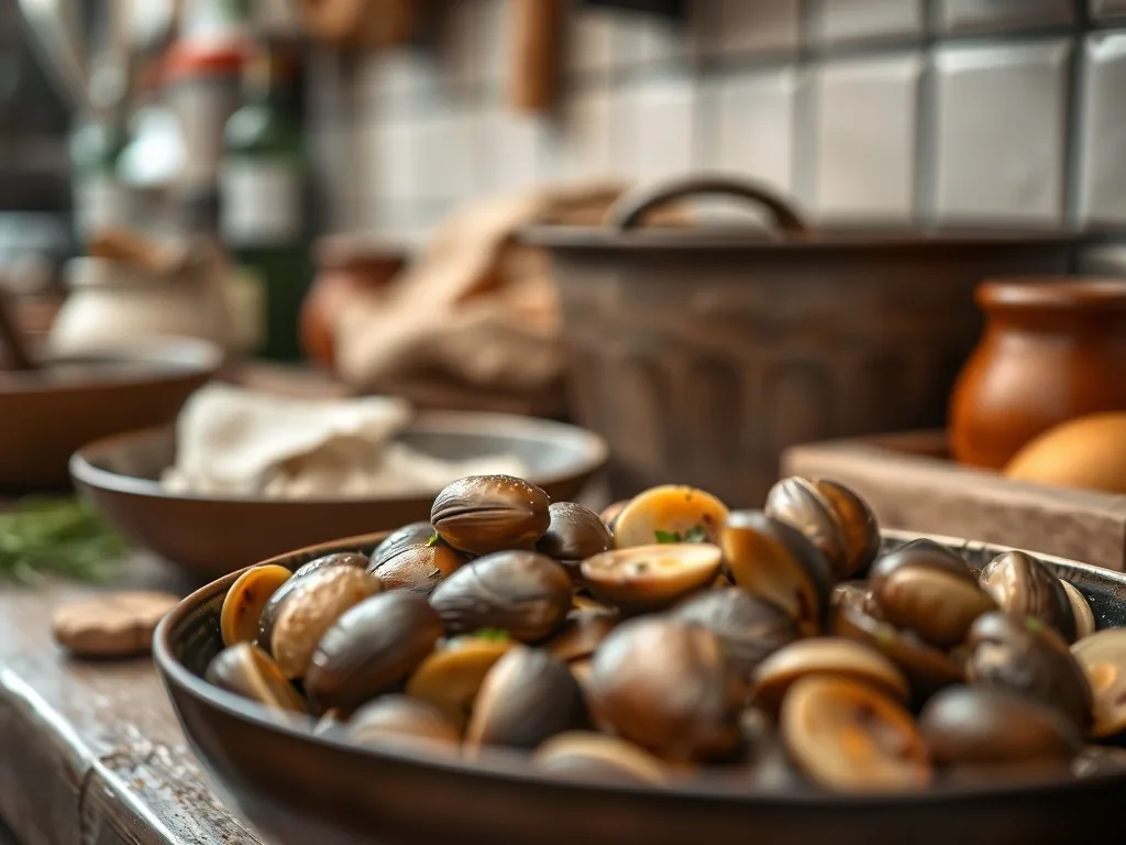 Assiette de cèpes poêlés dorés avec persil et éclats d'ail, sur une planche en bois rustique.