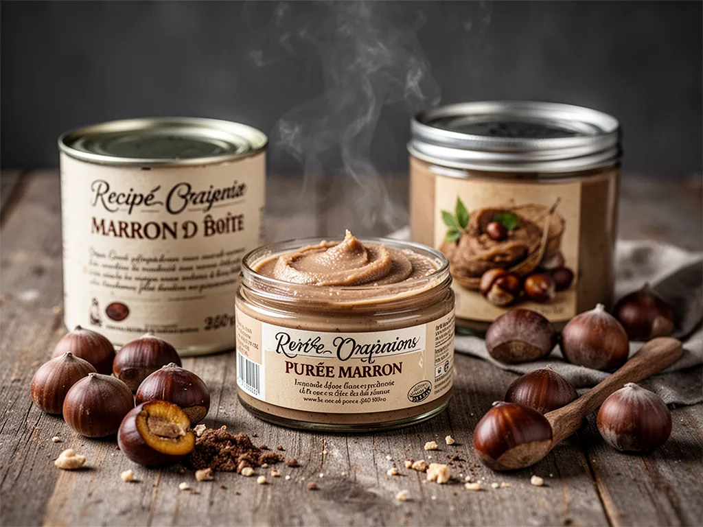 Bol de purée de marron, pot de crème, morceaux de chocolat et part de gâteau sur une table de cuisine