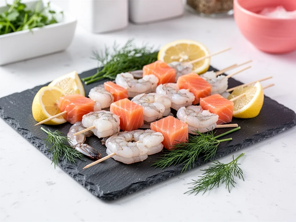 Raw shrimp and salmon cubes threaded on wooden skewers, resting on a slate board with lemon wedges and fresh dill, brigh
