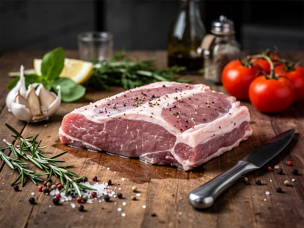 Côtes de porc dorées et laquées sur une assiette, avec herbes fraîches, citron et jus de cuisson