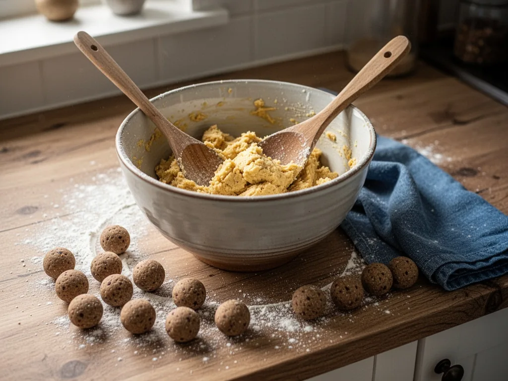 A ceramic mixing bowl filled with yellowish dough, a wooden spoon resting, raw boilies scattered on flour-dusted oak cou