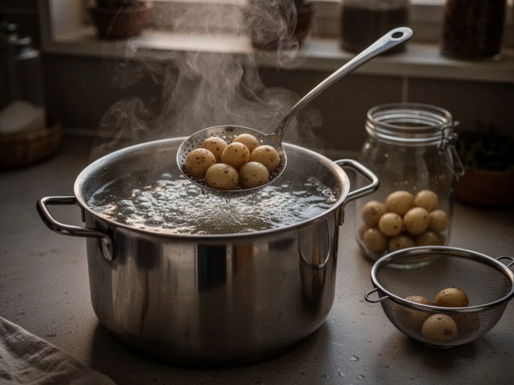 A stainless steel pot with bubbling water, steam rising, a slotted spoon lifting cooked boilies, a glass jar and a sieve