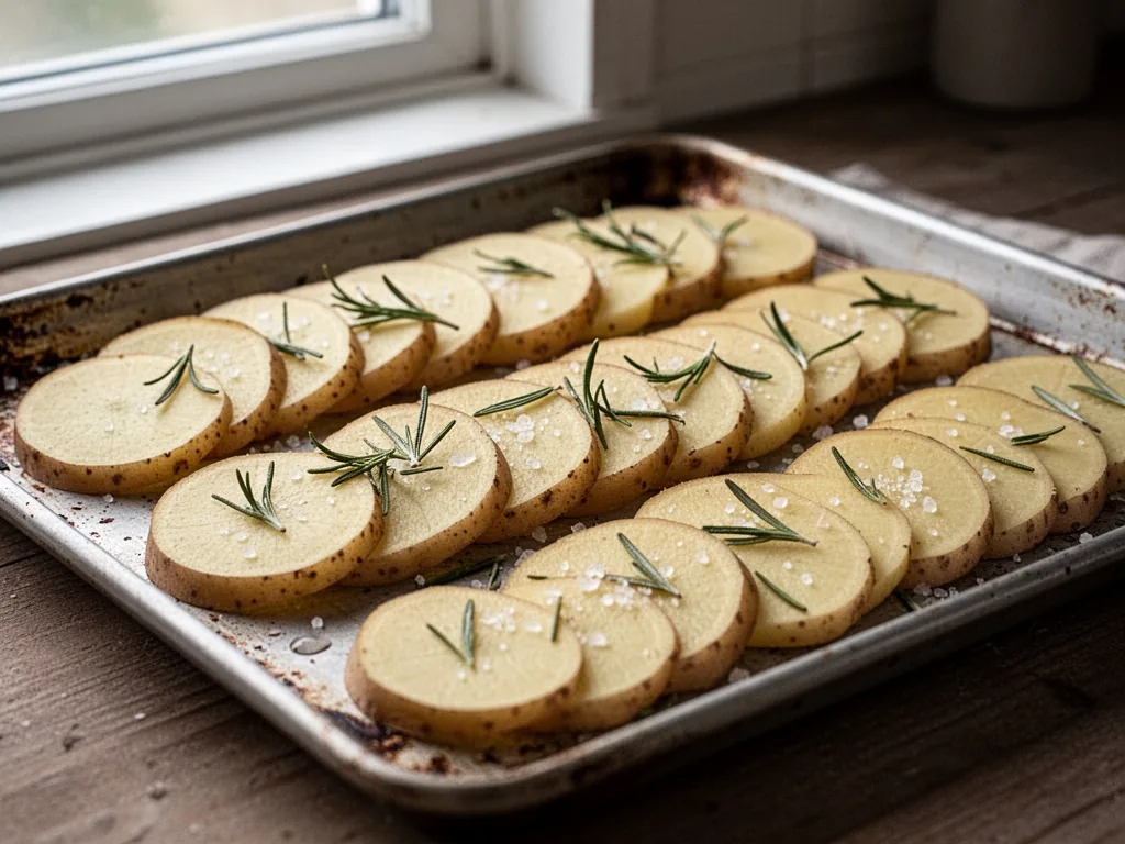 Sliced potatoes arranged in neat rows on a metal baking tray, each slice uniform thickness of half a centimeter, scatter