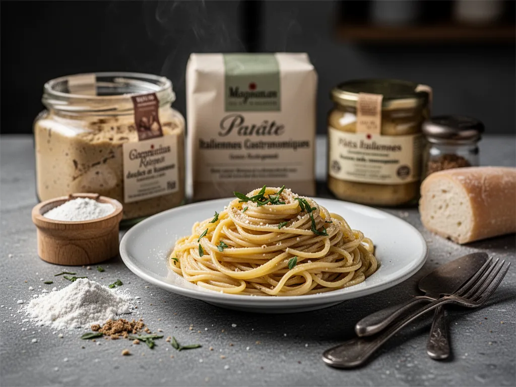 Assiette de tagliatelles fraîches nappées d'une sauce crémeuse à la ricotta, parsemée de basilic, de copeaux de parmesan et d'un filet d'huile d'olive, sur une table en bois avec un verre de vin rouge.