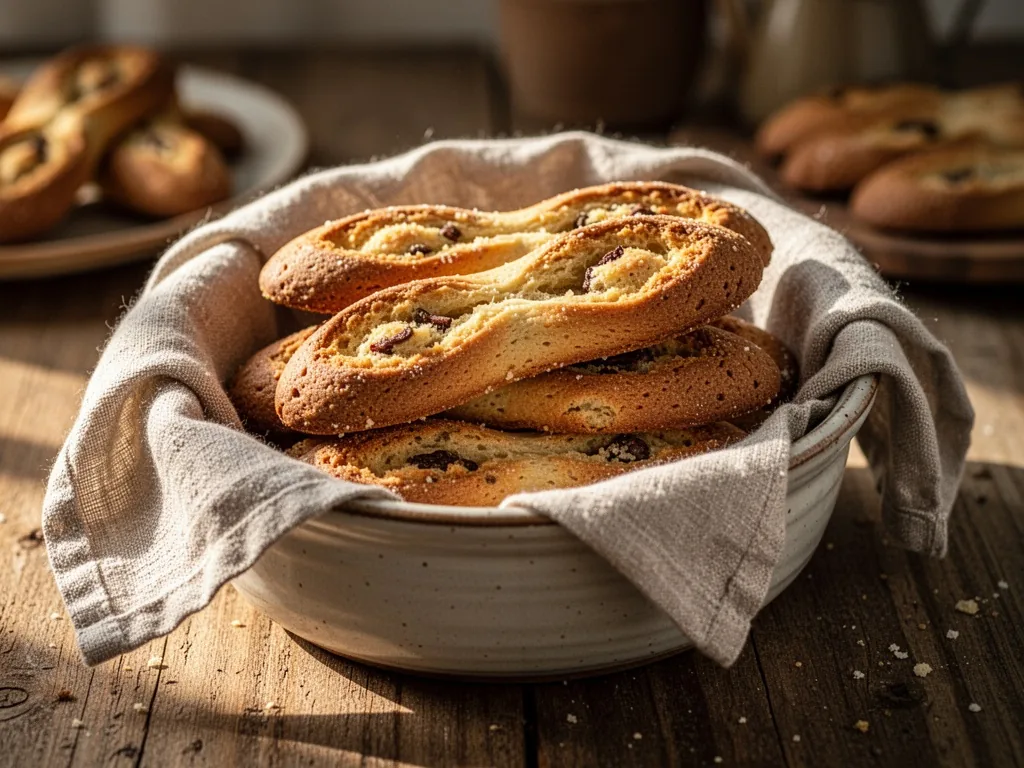 Savory navettes prepared the day before, stacked in a ceramic dish, covered with a linen cloth, soft morning light highl
