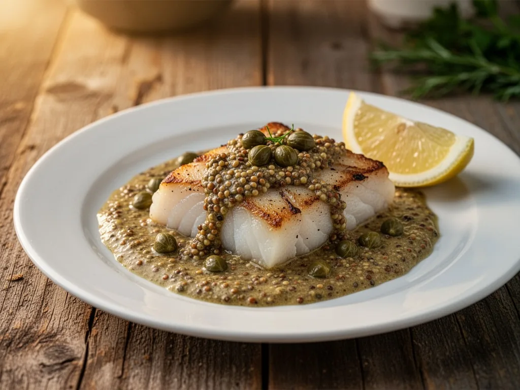 A seared cod fillet on a white plate, thick mustard sauce with whole grain mustard and capers, lemon wedge, wooden table
