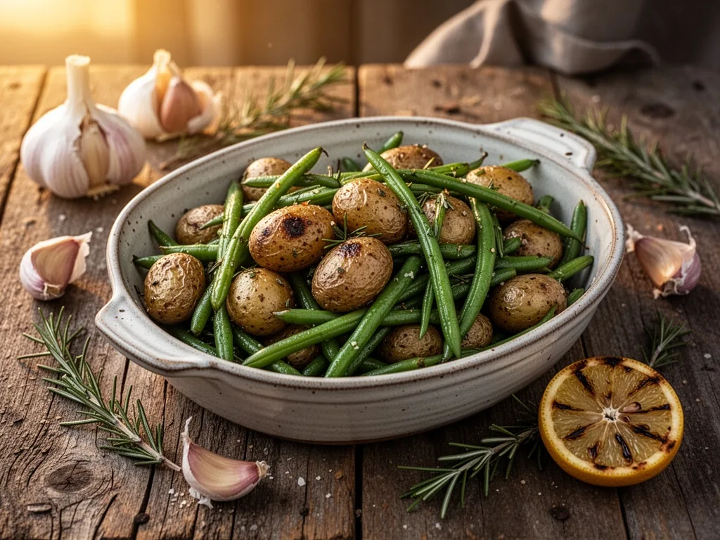 Roasted baby potatoes and haricots verts in a ceramic dish, garlic cloves, rosemary sprigs, slice of grilled lemon, rust