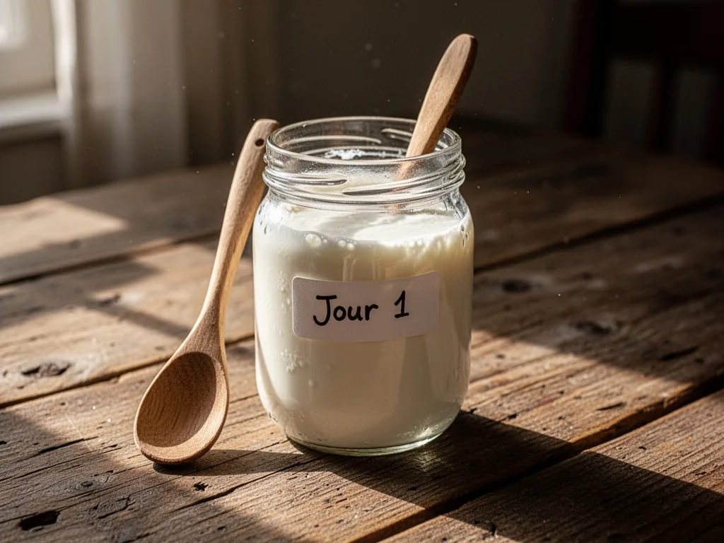 A small mason jar filled with thick homemade fermented milk, a wooden spoon, handwritten label 'Jour 1' on the glass, on