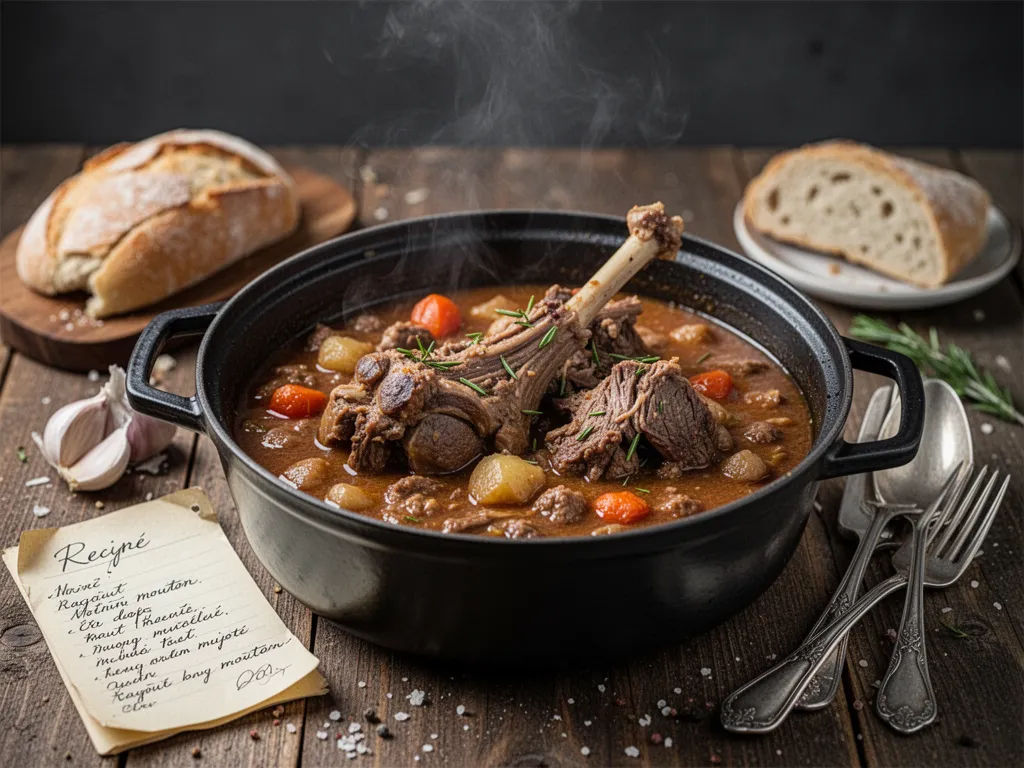 Ragoût de mouton fumant dans une cocotte en fonte, accompagné de haricots blancs, carottes et persil, sur une table de ferme.