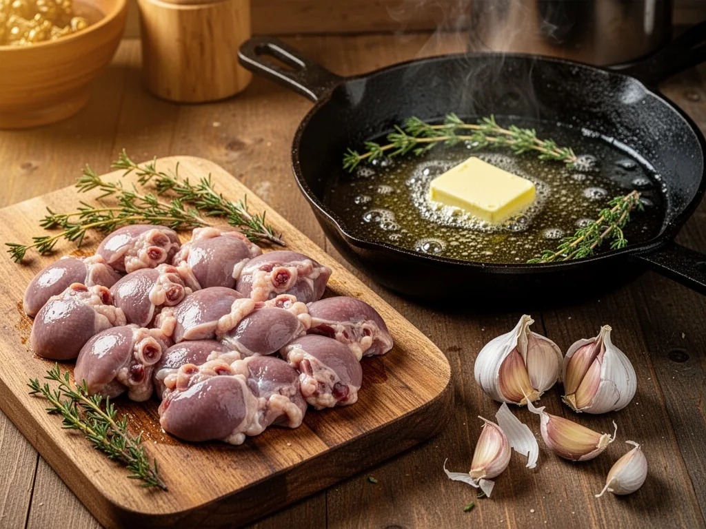 Raw chicken gizzards on a wooden board next to a hot cast-iron skillet with sizzling butter, garlic cloves and fresh thy