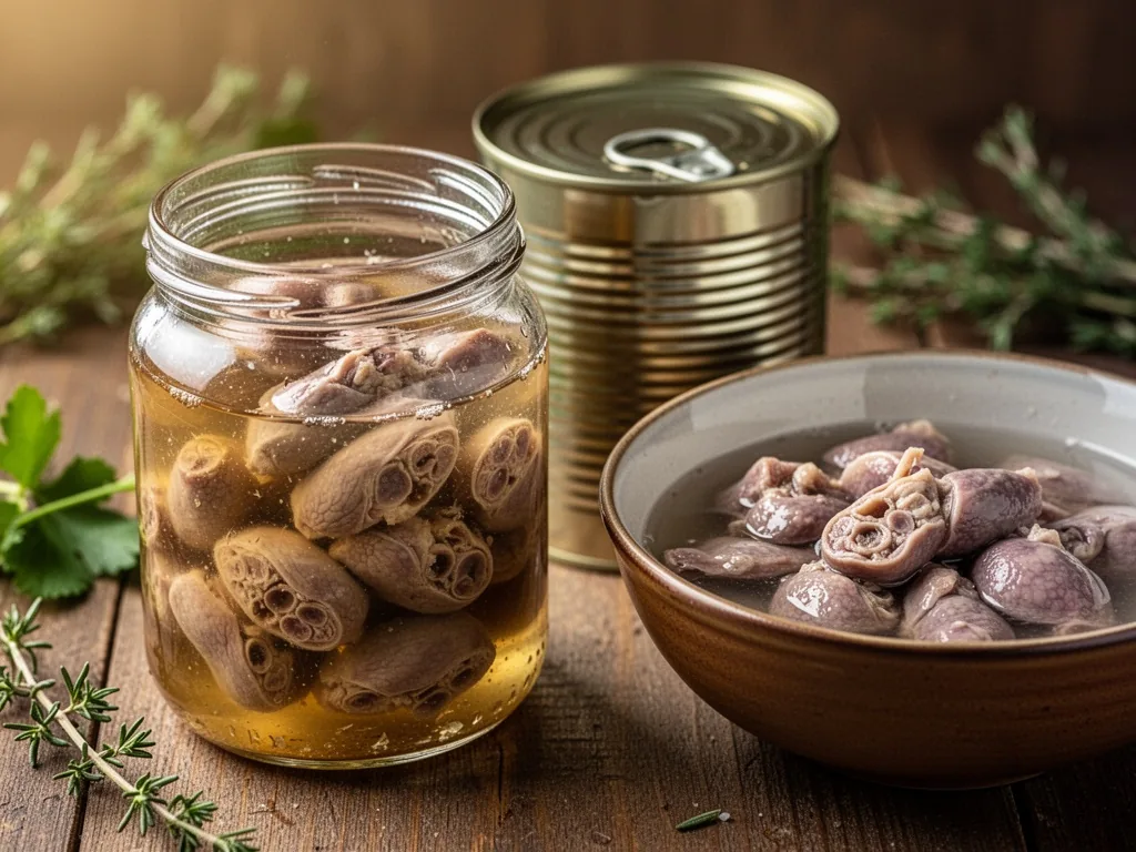 A clear glass jar of confit chicken gizzards in golden fat next to a tin can and a bowl of water-poached gizzards, soft 