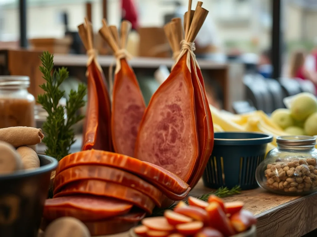 Jambon à la broche tournant au-dessus d'un feu de bois, couenne dorée et croûte caramélisée, avec une broche en métal et des flammes en arrière-plan