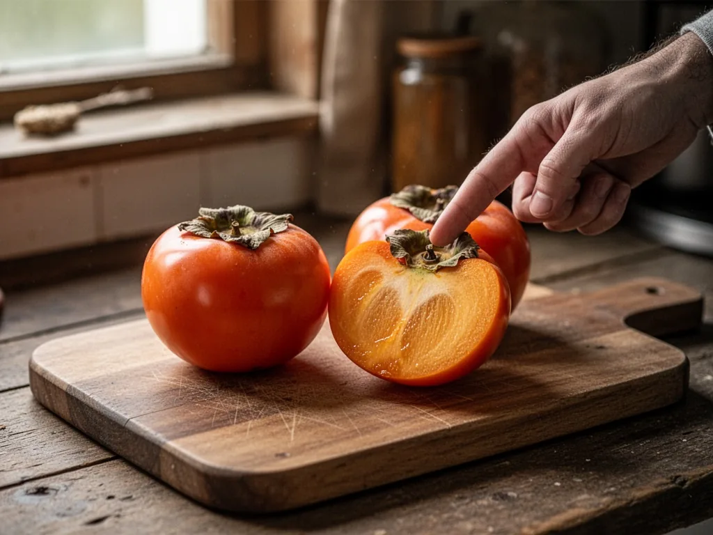 Two ripe persimmons on a wooden cutting board, one cut open showing flesh, a hand pointing at the calyx, soft window lig