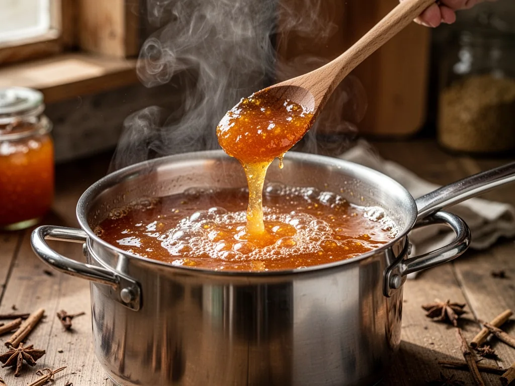A stainless steel pot with bubbling orange jam, a wooden spoon lifted with jam dripping off, steam rising, warm kitchen 