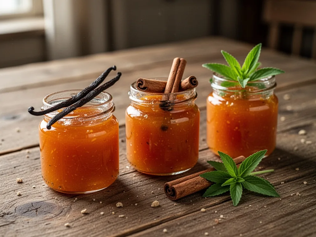 Three small jars of persimmon jam on a wooden table, one with a vanilla pod, one with cinnamon sticks, one with stevia l