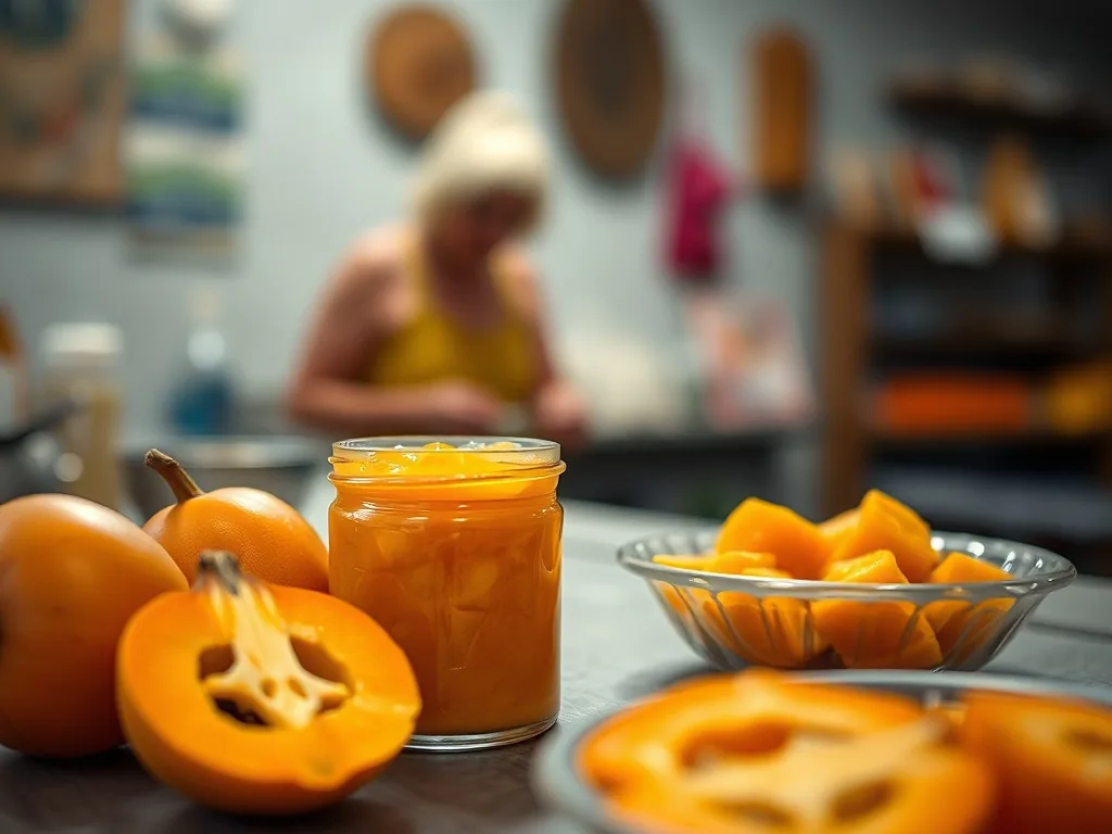 Pots de confiture de kaki orangée sur une table en bois, avec une cuillère et des tranches de pain grillé