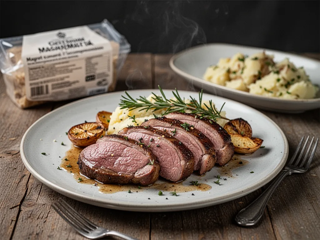 Tranches de magret de canard rosé disposées en éventail dans une assiette, à côté d'un écrasé de patates douces et de quelques figues rôties.