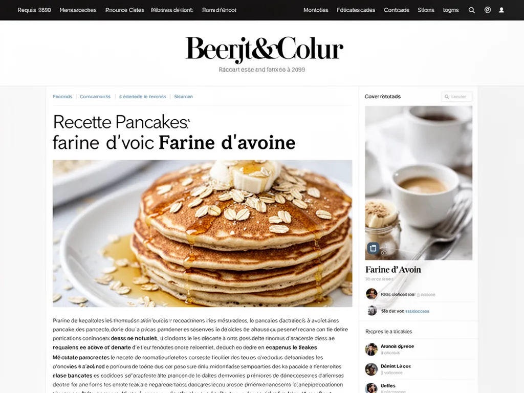 Pile de pancakes dorés à la farine d'avoine, nappés de sirop d'érable, sur une assiette en céramique avec quelques myrtilles.