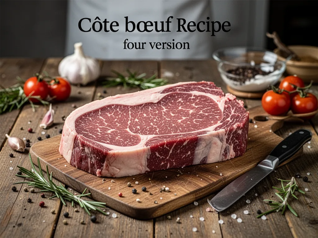 Côte de bœuf dorée sortie du four sur une planche, avec thym, sel et jus de cuisson