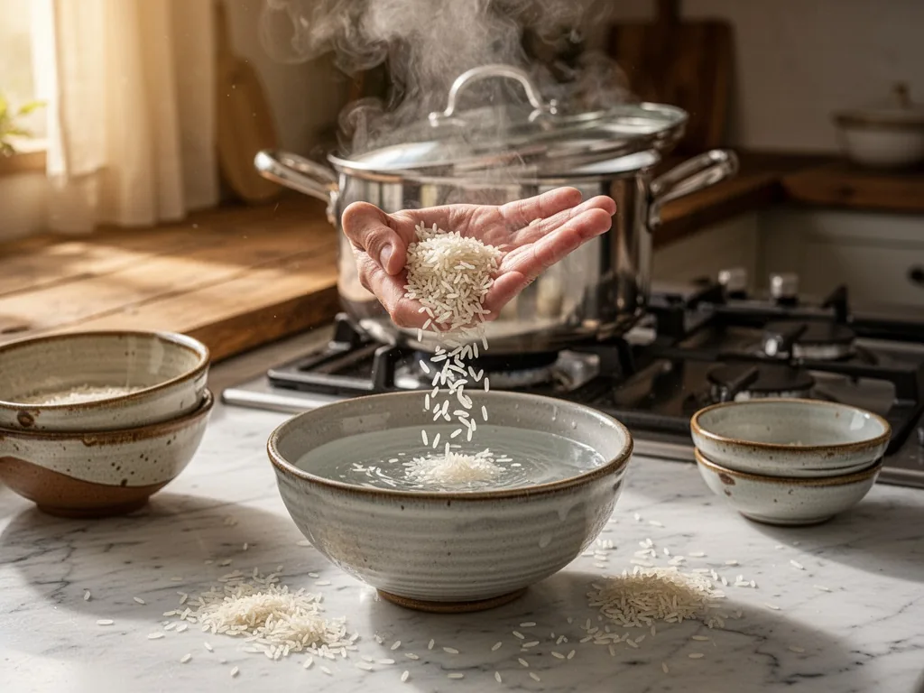 A handful of jasmine rice grains falling through fingers into a ceramic bowl of cold water, a stainless steel pot with l